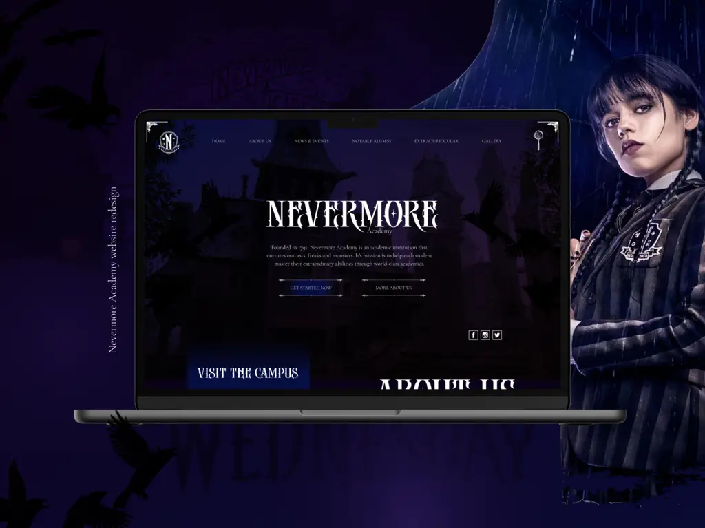 Suasana misterius Nevermore Academy Gambar Nevermore Academy, sekolah tempat Wednesday bersekolah