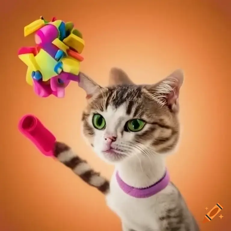 Seekor kucing tampak gembira bermain dengan mainan kesayangannya.